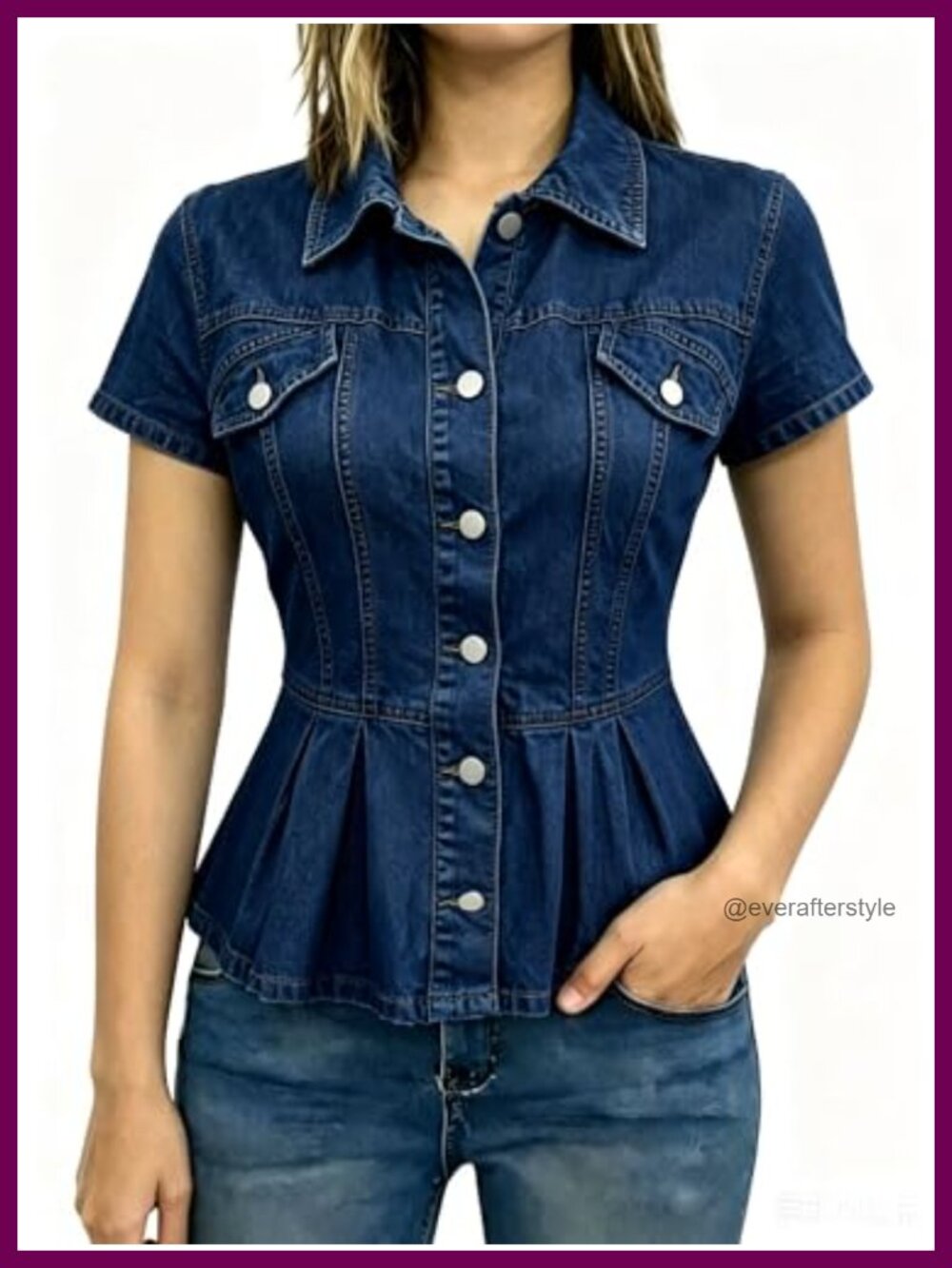 Denim Jacket Women Cap Sleeve Collar Button Down Peplum Raw Hem with Pockets
